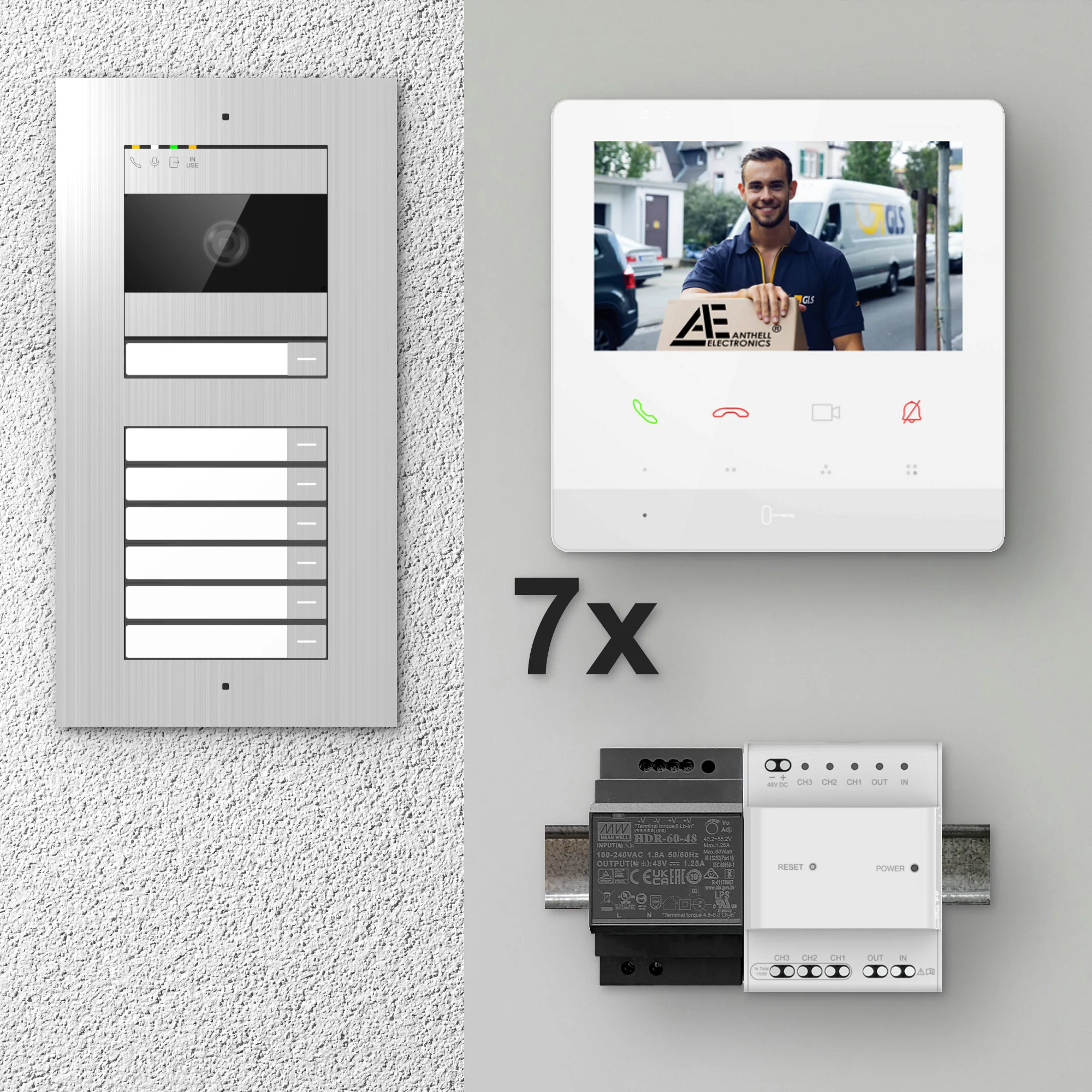 2W-7FVS-4MW-7 / 7-Fam. Video Sprechanlage / Edelstahl / 2-Draht / 2MP Kamera / 4,3" Monitor / Weiß