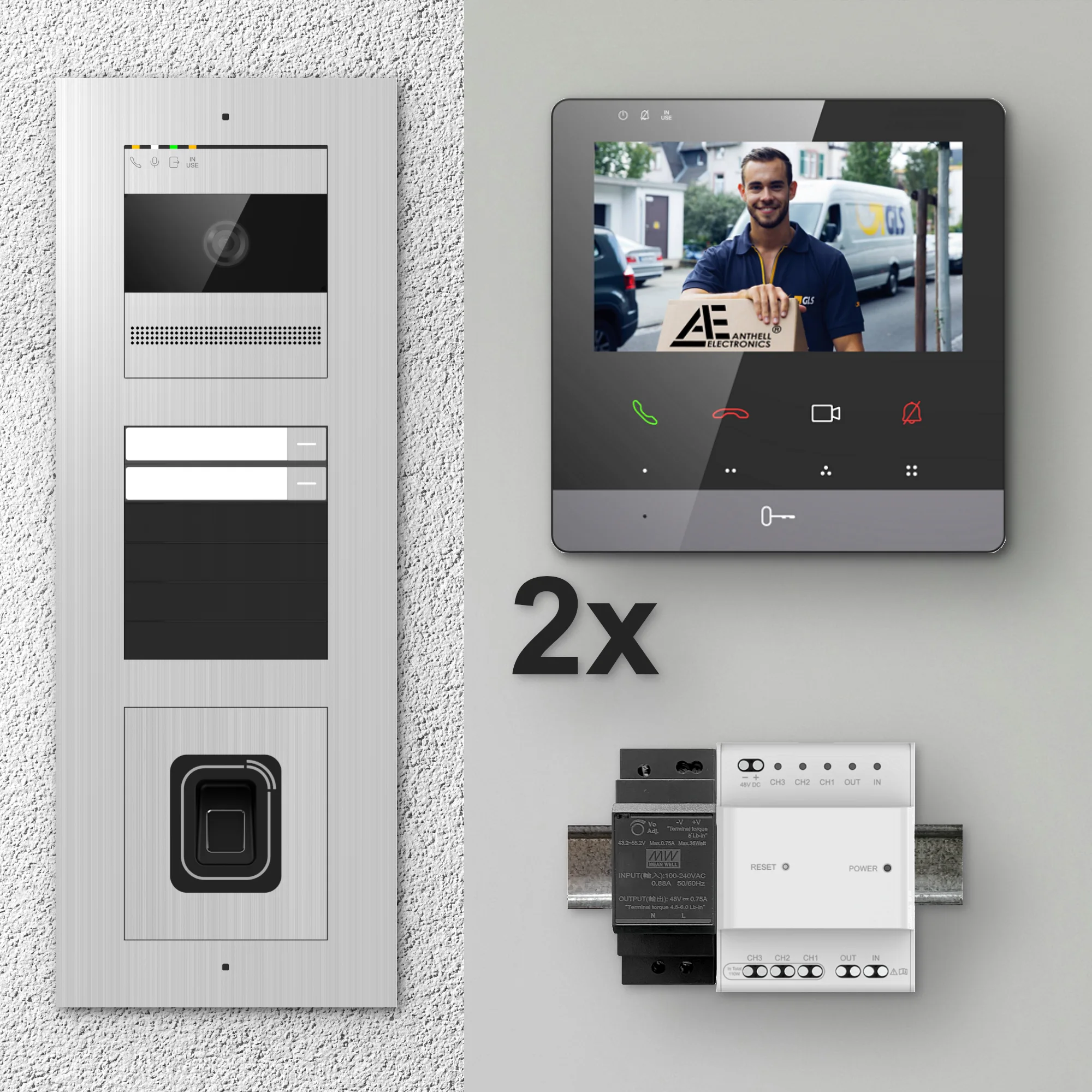 2W-2FVS-F-4MB-2 / Edelstahl 2-Fam. Videotürsprechanlage / 2MP Kamera / Fingerprint / Mifare / 2-Draht / 4,3" Monitor Schwarz
