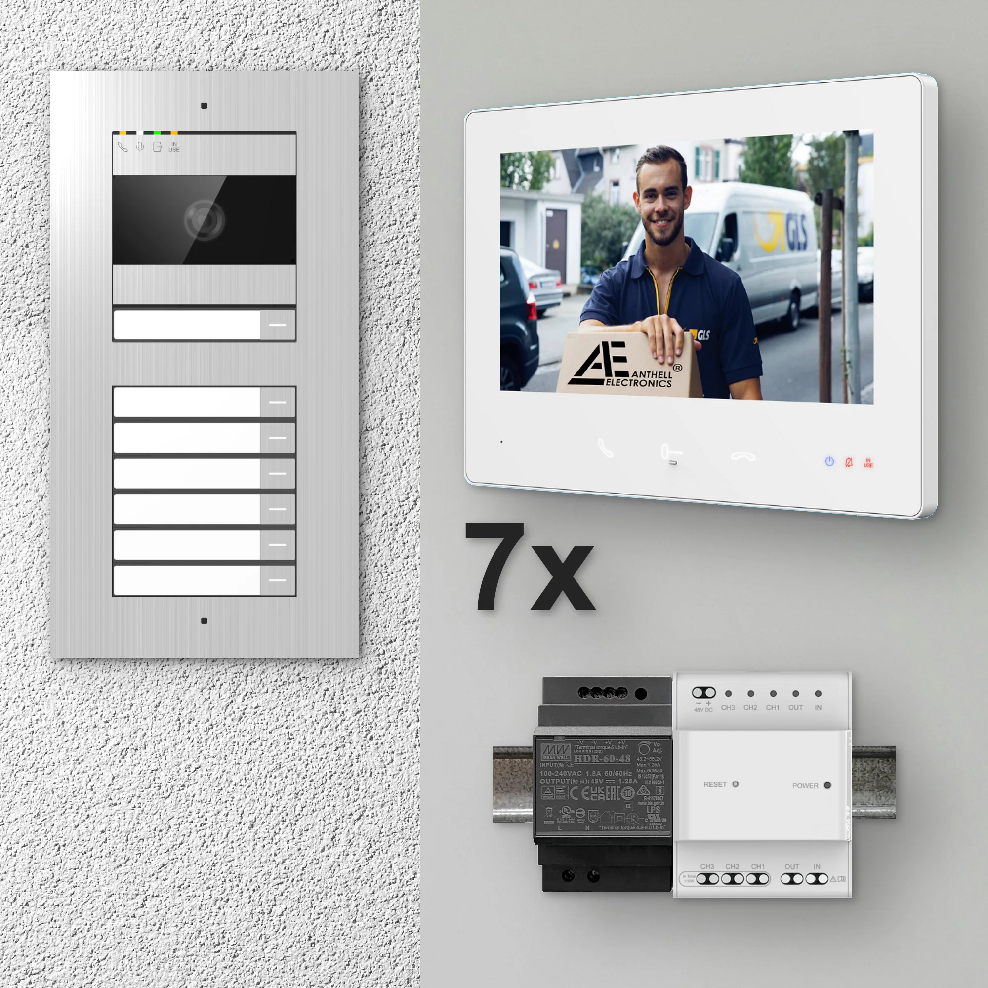 2W-7FVS-7MW-7 / 7-Fam. Video Sprechanlage / Edelstahl / 2-Draht / 2MP Kamera / 7" Monitor / Weiß