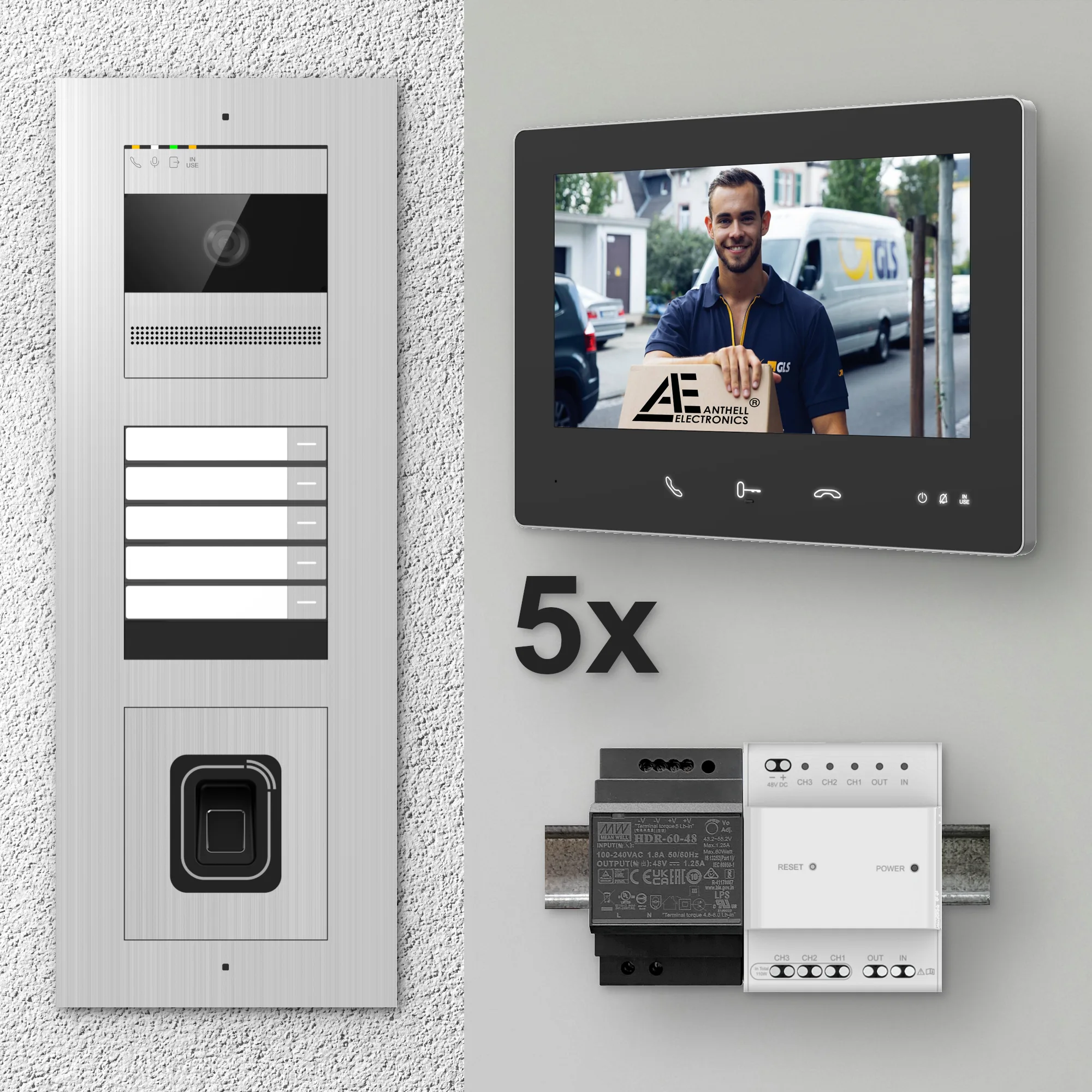 2W-5FVS-F-7MB-5 / Edelstahl 5-Fam. Videotürsprechanlage / 2MP Kamera / Fingerprint / Mifare / 2-Draht / 7" Monitor Schwarz