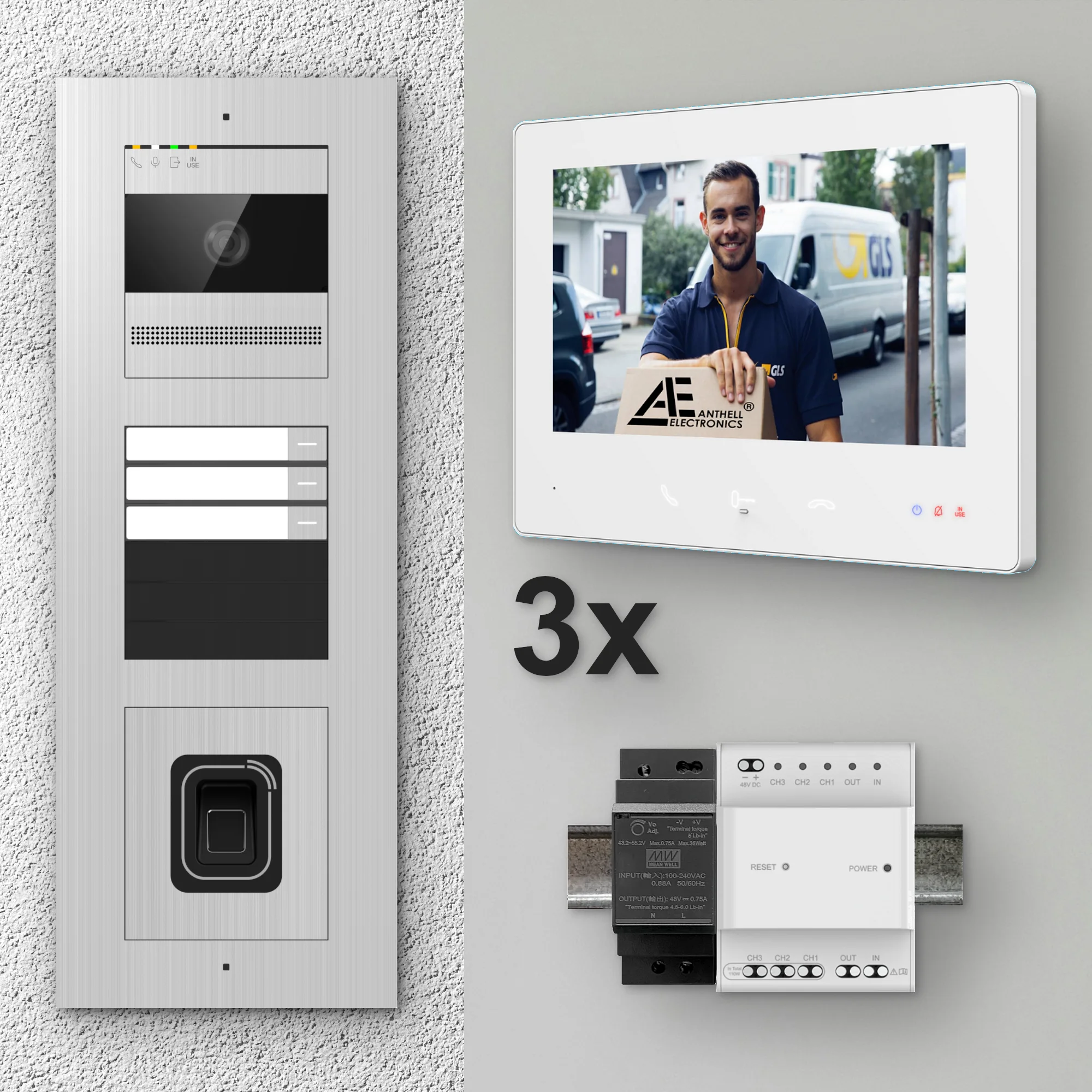 2W-3FVS-F-7MW-3 / Edelstahl 3-Fam. Videotürsprechanlage / 2MP Kamera / Fingerprint / Mifare / 2-Draht / 7" Monitor Weiß