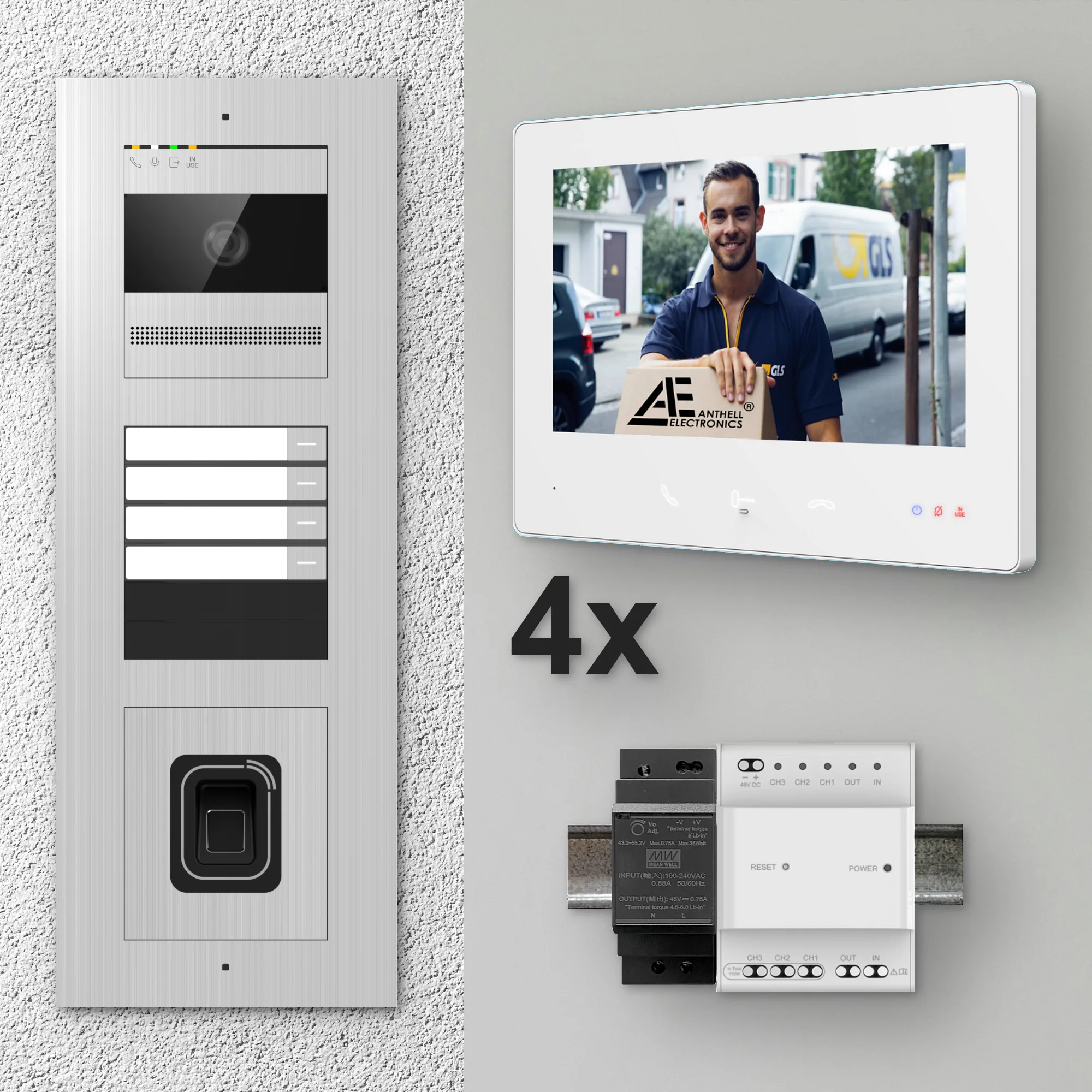 2W-4FVS-F-7MW-4 / Edelstahl 4-Fam. Videotürsprechanlage / 2MP Kamera / Fingerprint / Mifare / 2-Draht / 7" Monitor Weiß