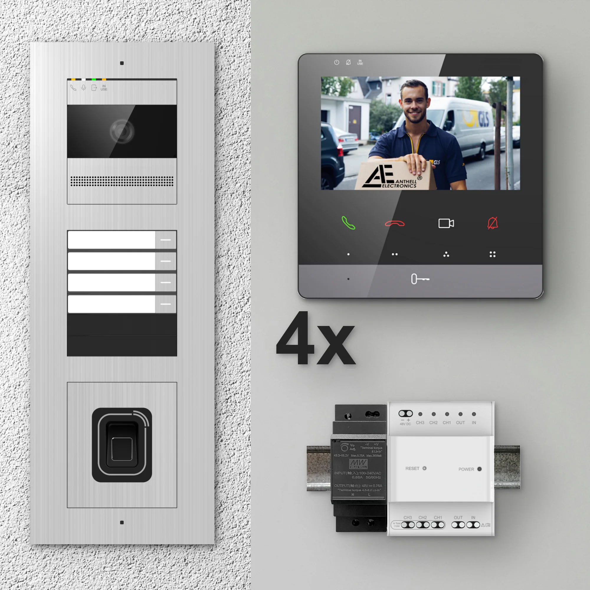 2W-4FVS-F-4MB-4 / Edelstahl 4-Fam. Videotürsprechanlage / 2MP Kamera / Fingerprint / Mifare / 2-Draht / 4,3" Monitor Schwarz