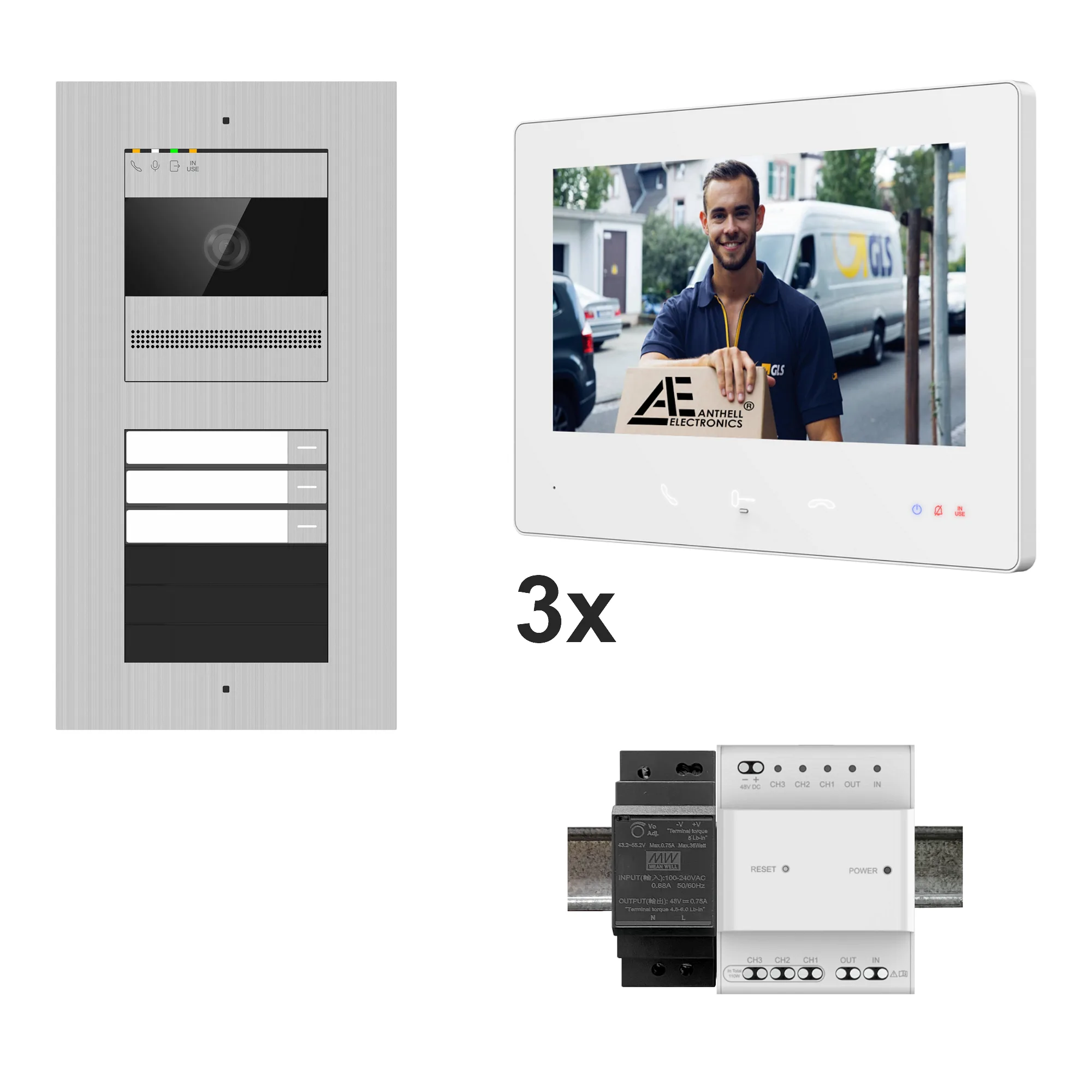 2W-3FVS-7MW-3 / 3-Fam. Video Sprechanlage / Edelstahl / 2-Draht / 2MP Kamera / 7" Monitor / Weiß