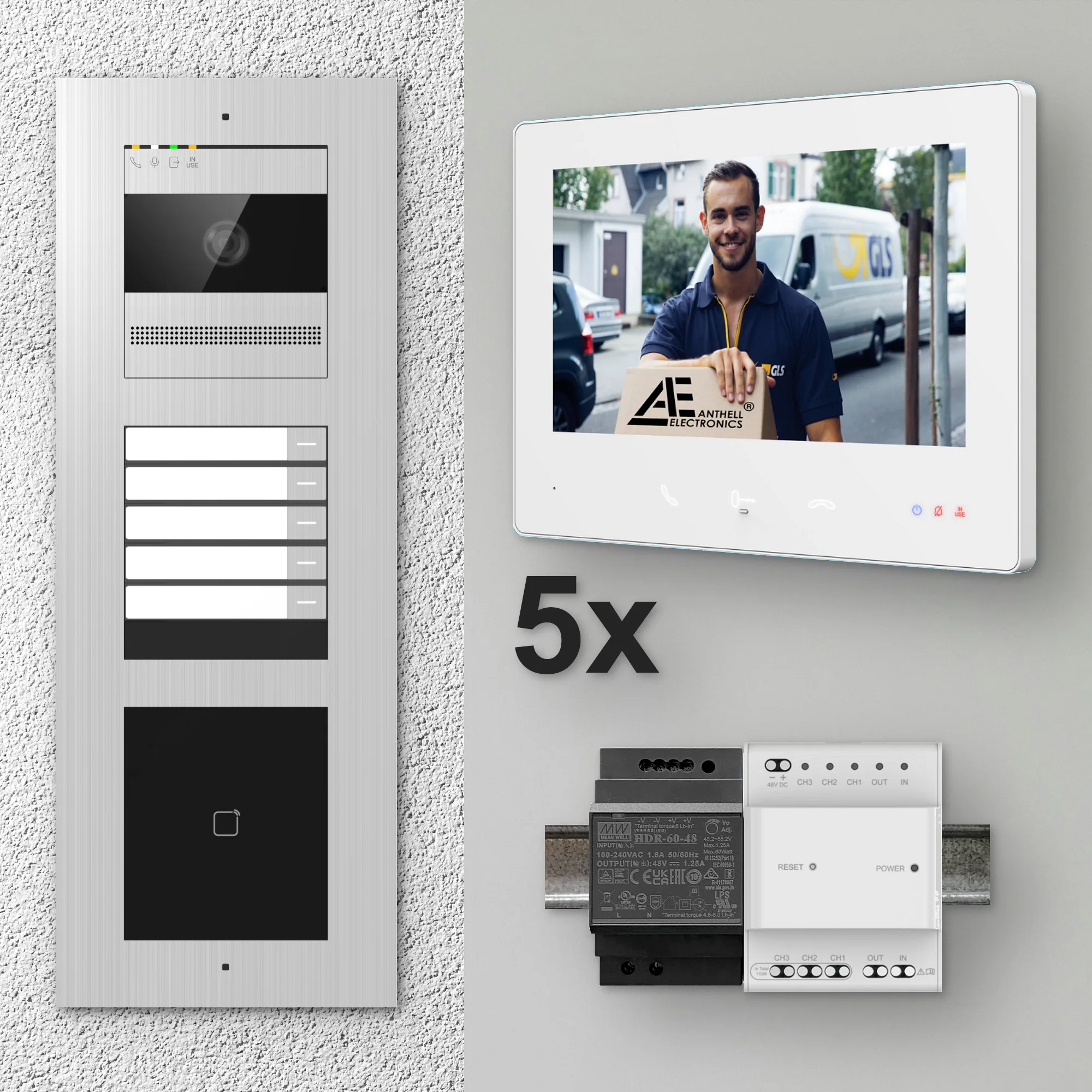 2W-5FVS-M-7MW-5 / Edelstahl 5-Fam. Videotürsprechanlage / 2MP Kamera / 13,56 MHz Karten-Leser / 2-Draht / 7" Monitor Weiß