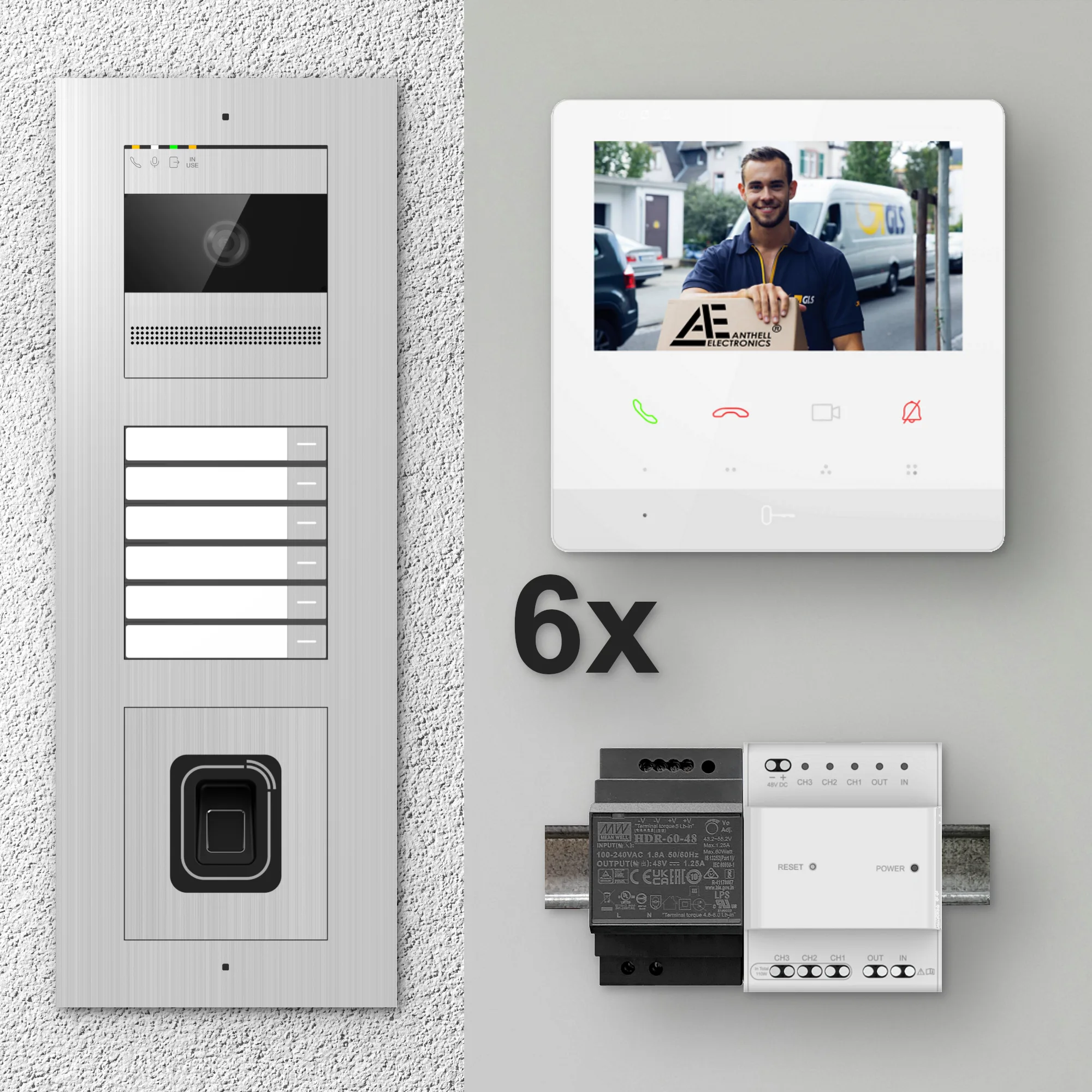 2W-6FVS-F-4MW-6 / Edelstahl 6-Fam. Videotürsprechanlage / 2MP Kamera / Fingerprint / Mifare / 2-Draht / 4,3" Monitor Weiß