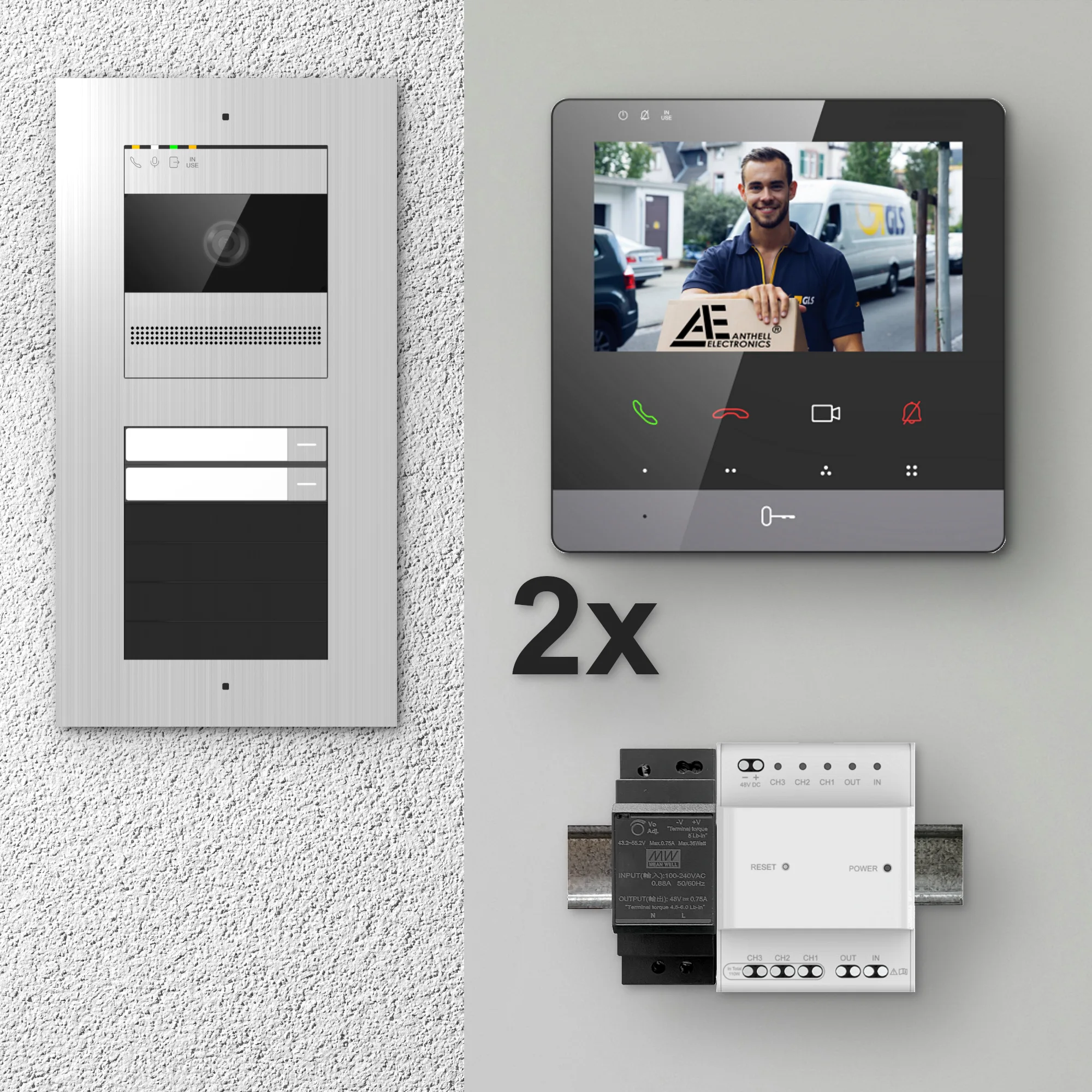 2W-2FVS-4MB-2 / 2-Fam. Video Sprechanlage / Edelstahl / 2-Draht / 2MP Kamera / 4,3" Monitor / Schwarz