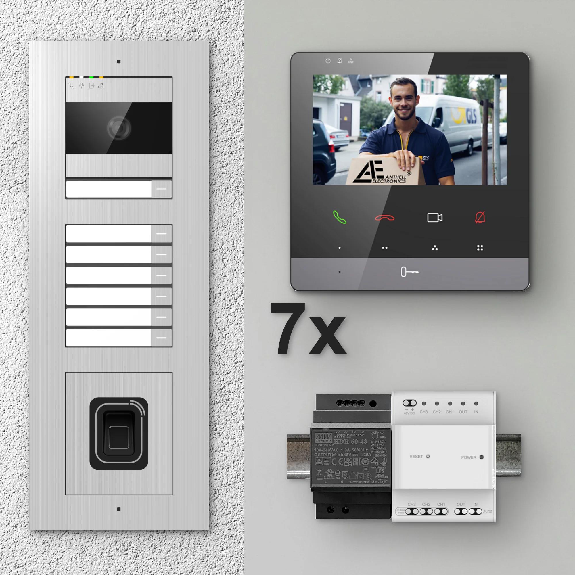 2W-7FVS-F-4MB-7 / Edelstahl 7-Fam. Videotürsprechanlage / 2MP Kamera / Fingerprint / Mifare / 2-Draht / 4,3" Monitor Schwarz