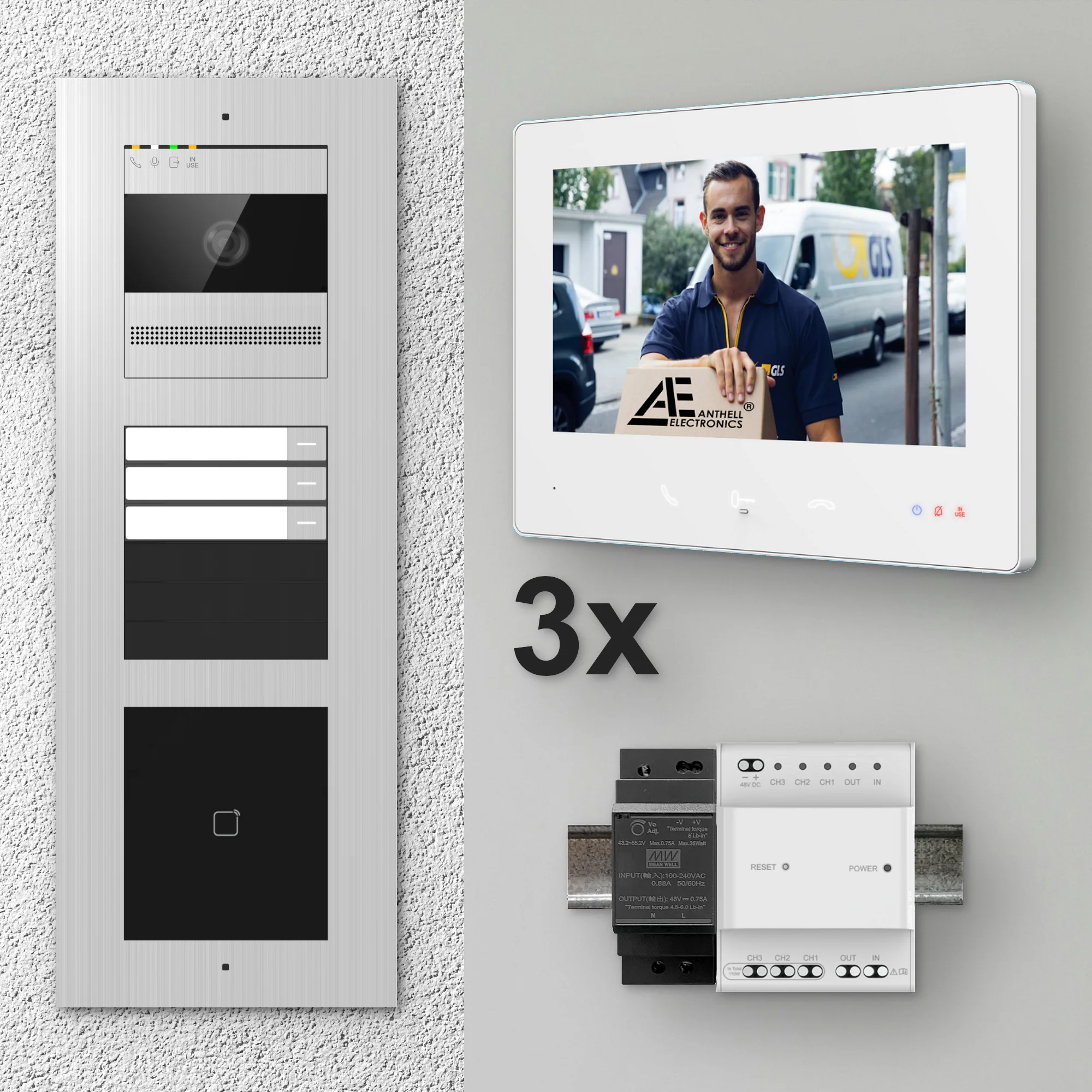 2W-3FVS-M-7MW-3 / Edelstahl 3-Fam. Videotürsprechanlage / 2MP Kamera / 13,56 MHz Karten-Leser / 2-Draht / 7" Monitor Weiß