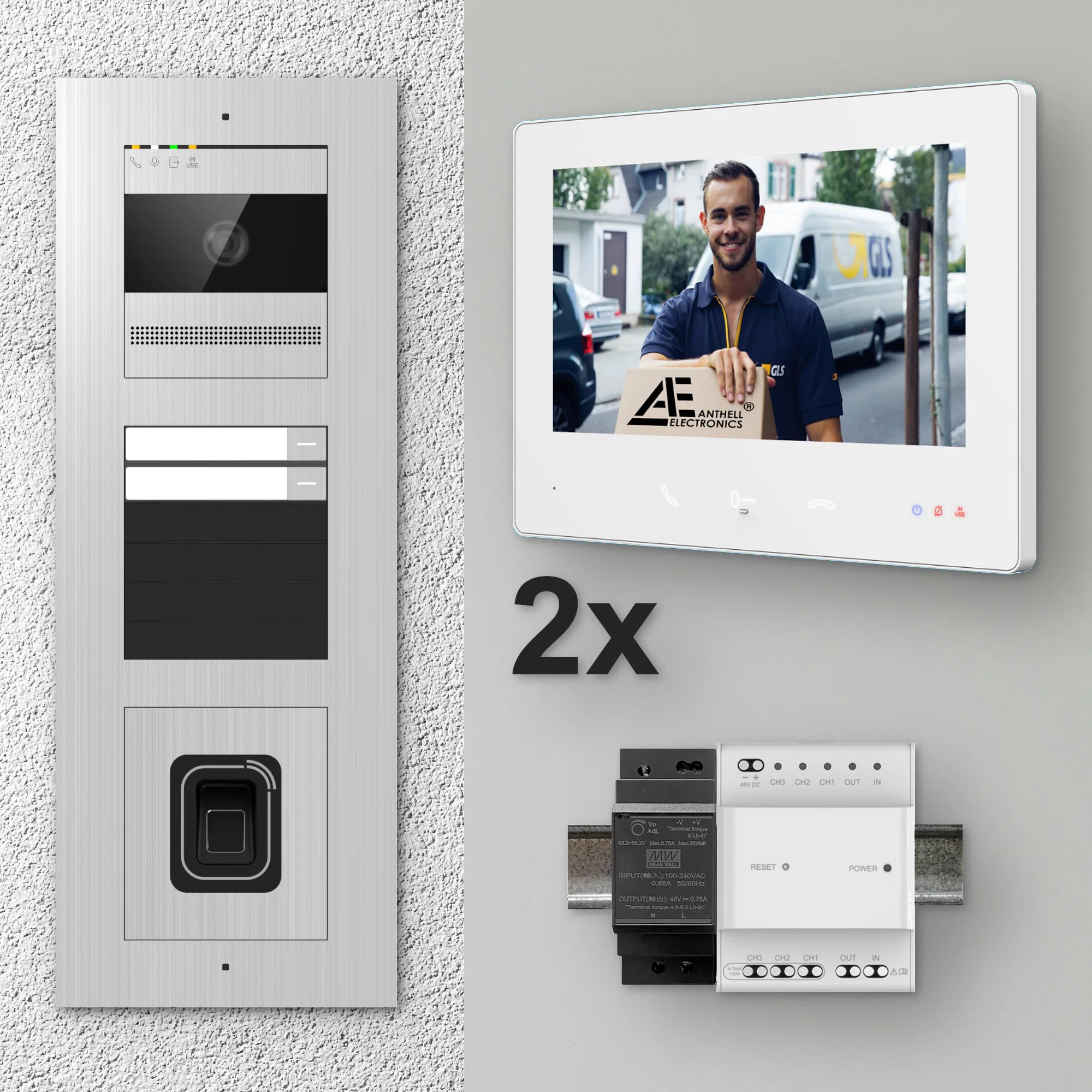 2W-2FVS-F-7MW-2 / Edelstahl 2-Fam. Videotürsprechanlage / 2MP Kamera / Fingerprint / Mifare / 2-Draht / 7" Monitor Weiß