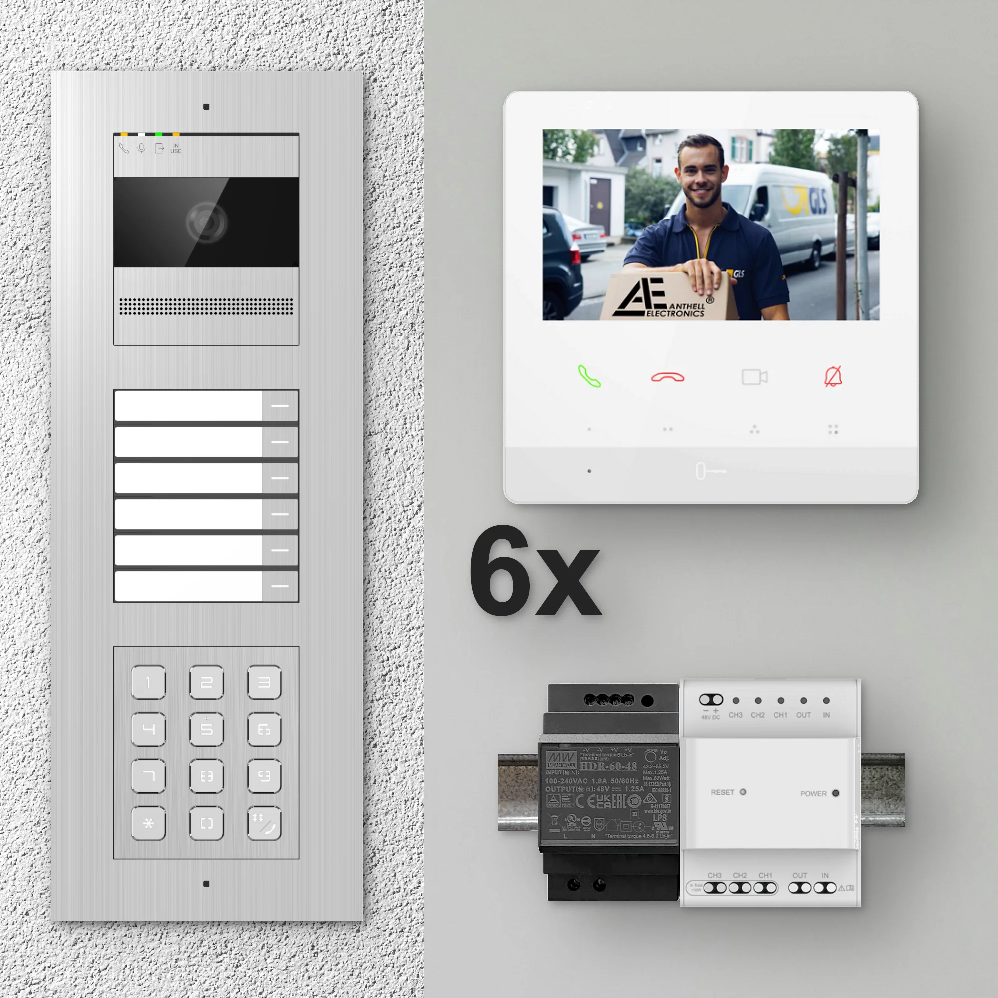 2W-6FVS-C-4MW-6 / Edelstahl 6-Fam. Videotürsprechanlage / 2MP Kamera / Pin-Code / 2-Draht / 4,3" Monitor Weiß