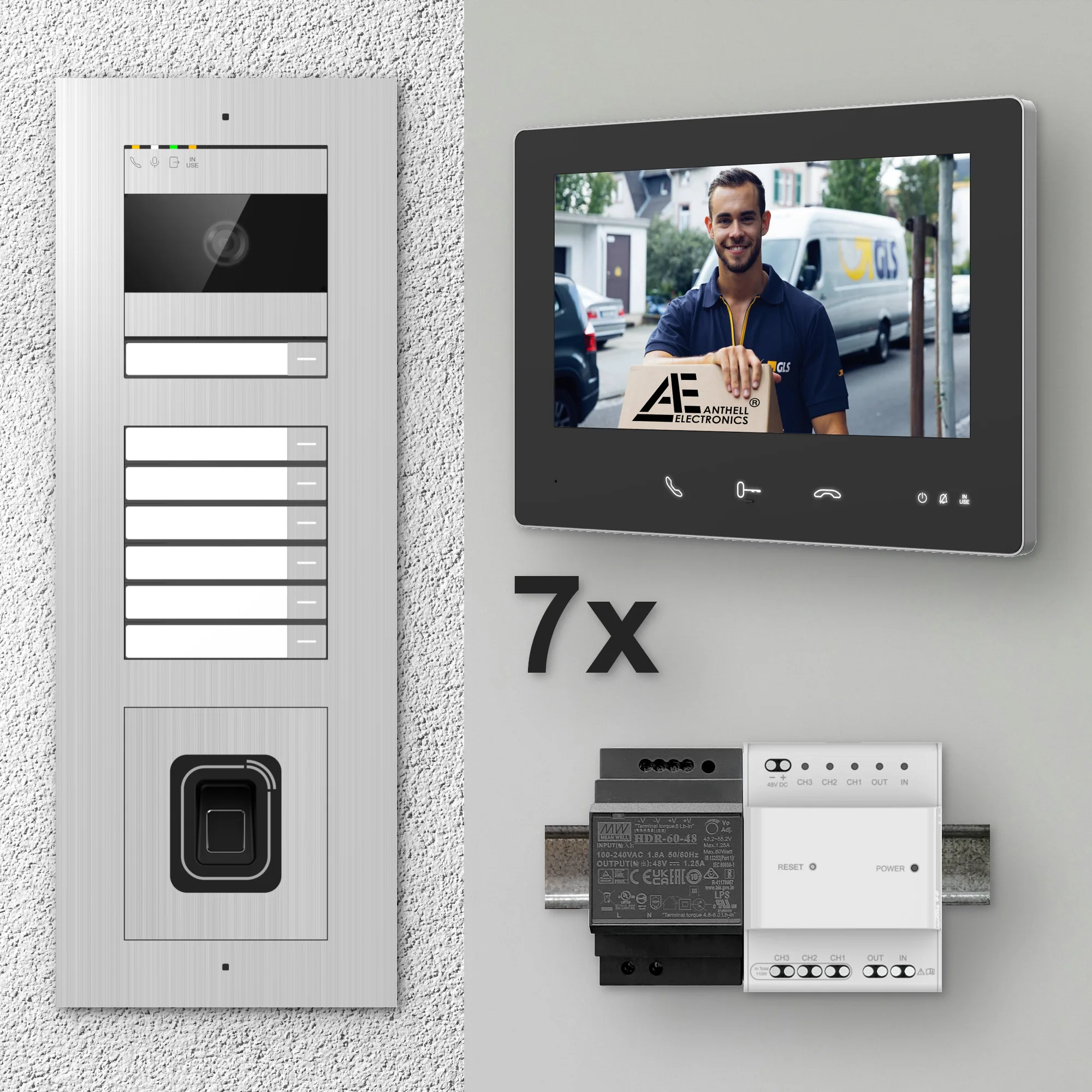 2W-7FVS-F-7MB-7 / Edelstahl 7-Fam. Videotürsprechanlage / 2MP Kamera / Fingerprint / Mifare / 2-Draht / 7" Monitor Schwarz