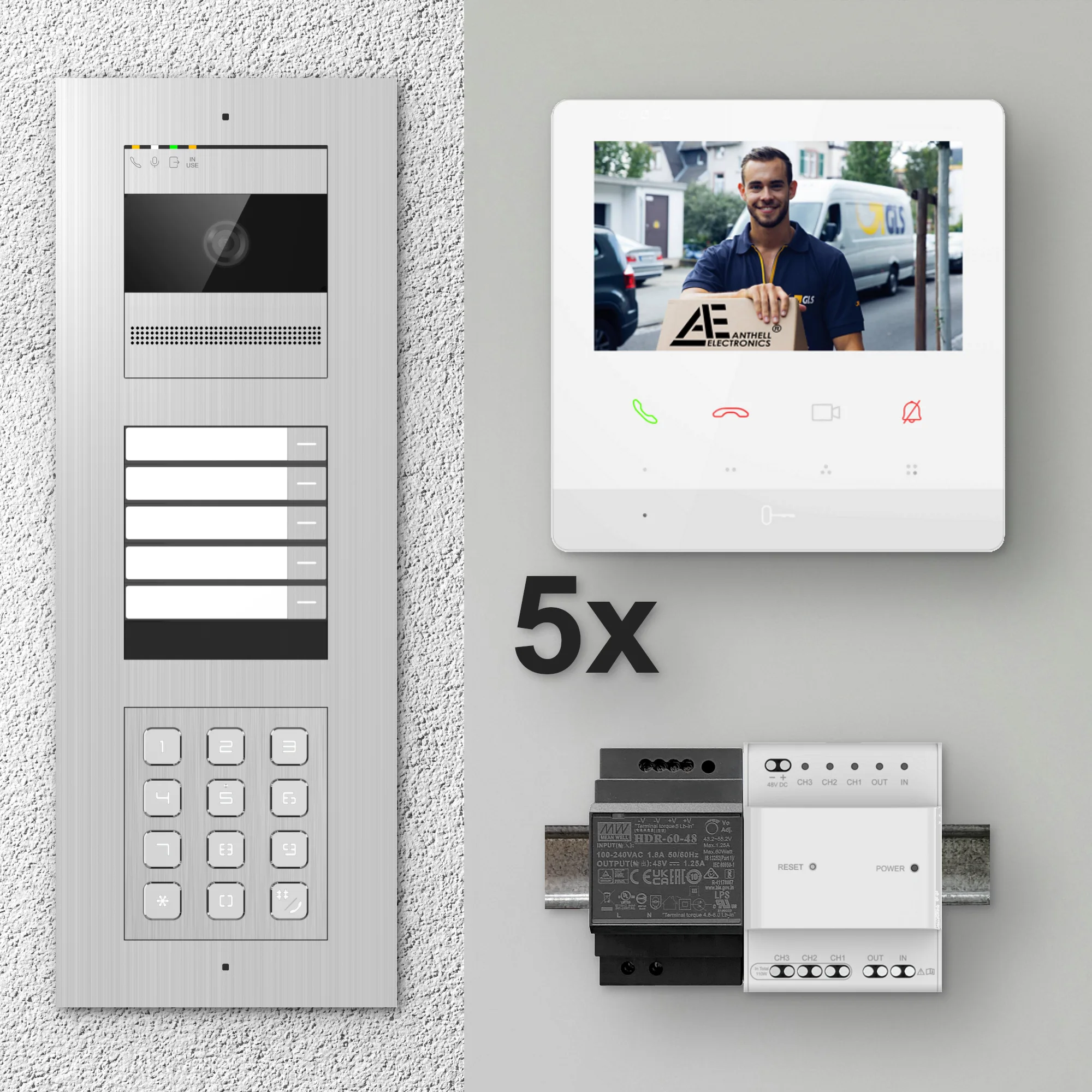 2W-5FVS-C-4MW-5 / Edelstahl 5-Fam. Videotürsprechanlage / 2MP Kamera / Pin-Code / 2-Draht / 4,3" Monitor Weiß