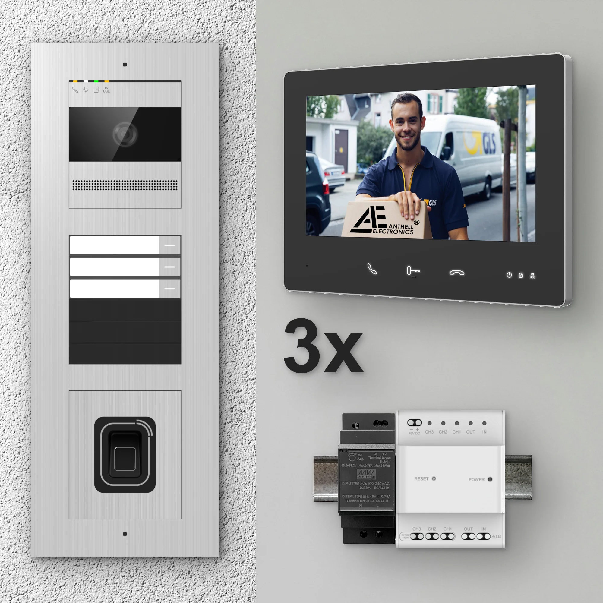 2W-3FVS-F-7MB-3 / Edelstahl 3-Fam. Videotürsprechanlage / 2MP Kamera / Fingerprint / Mifare / 2-Draht / 7" Monitor Schwarz