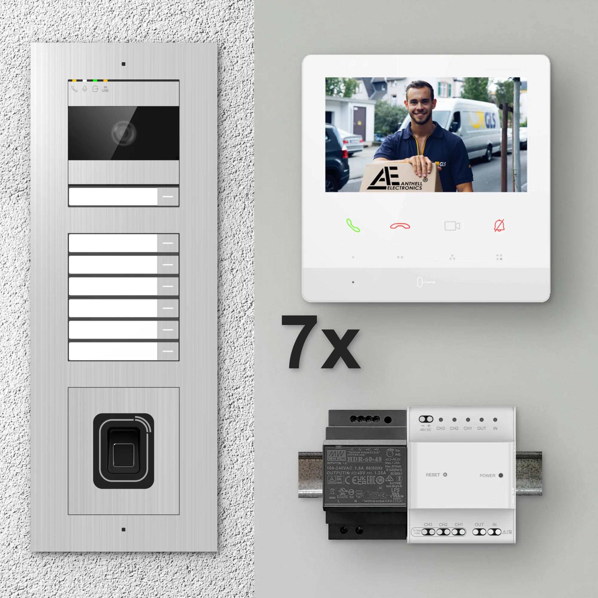 2W-7FVS-F-4MW-7 / Edelstahl 7-Fam. Videotürsprechanlage / 2MP Kamera / Fingerprint / Mifare / 2-Draht / 4,3" Monitor Weiß