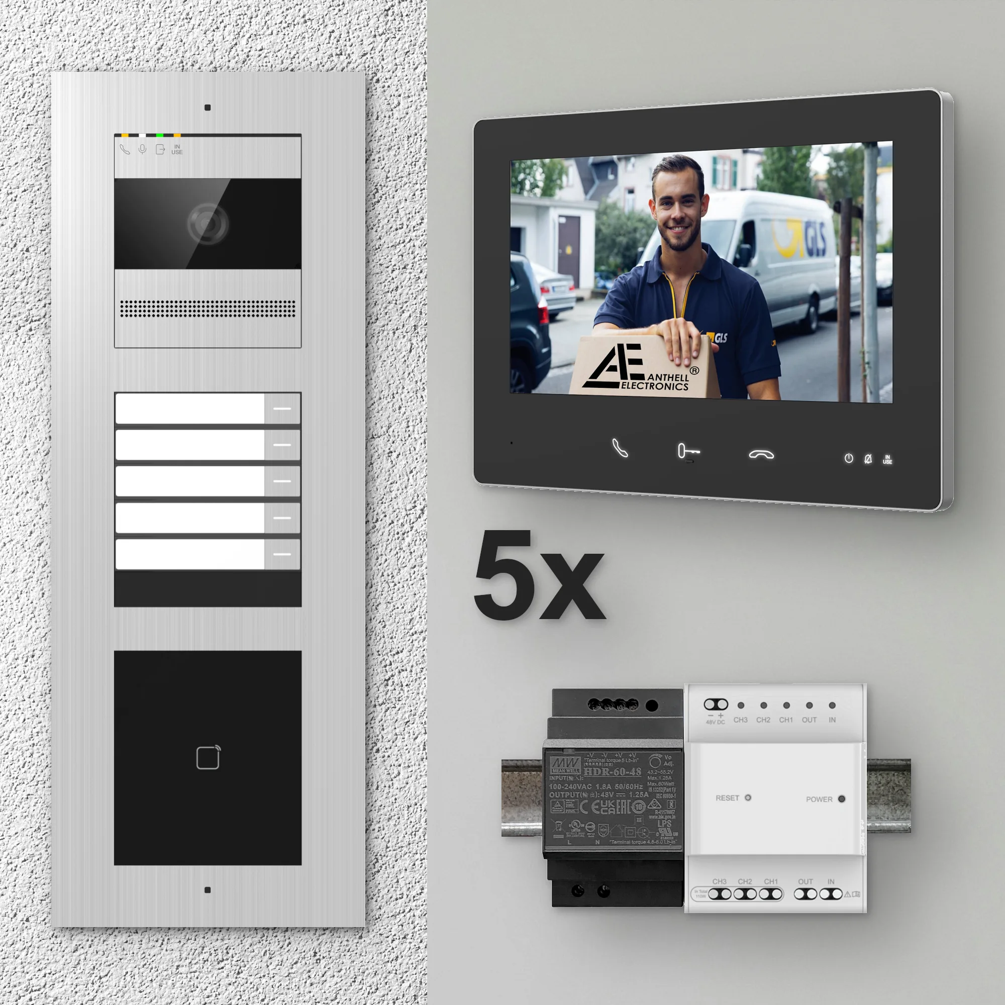 2W-5FVS-M-7MB-5 / Edelstahl 5-Fam. Videotürsprechanlage / 2MP Kamera / 13,56 MHz Karten-Leser / 2-Draht / 7" Monitor Schwarz
