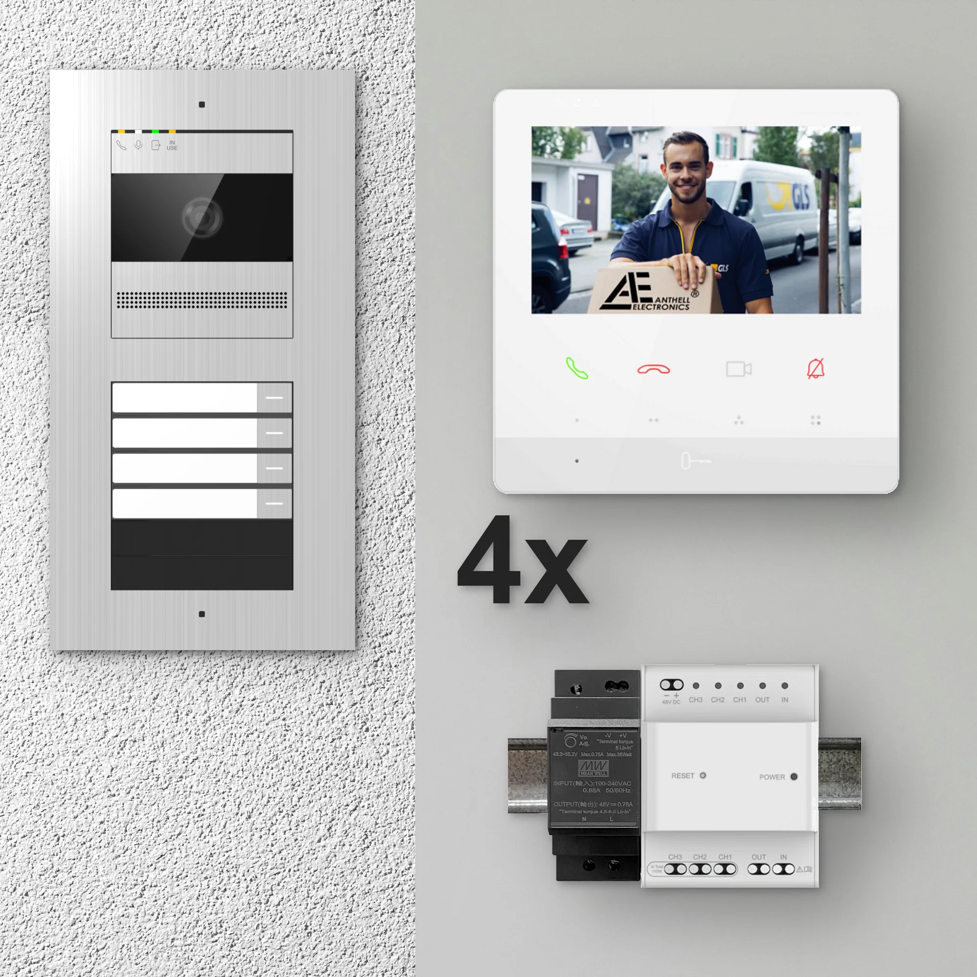 2W-4FVS-4MW-4 / 4-Fam. Video Sprechanlage / Edelstahl / 2-Draht / 2MP Kamera / 4,3" Monitor / Weiß
