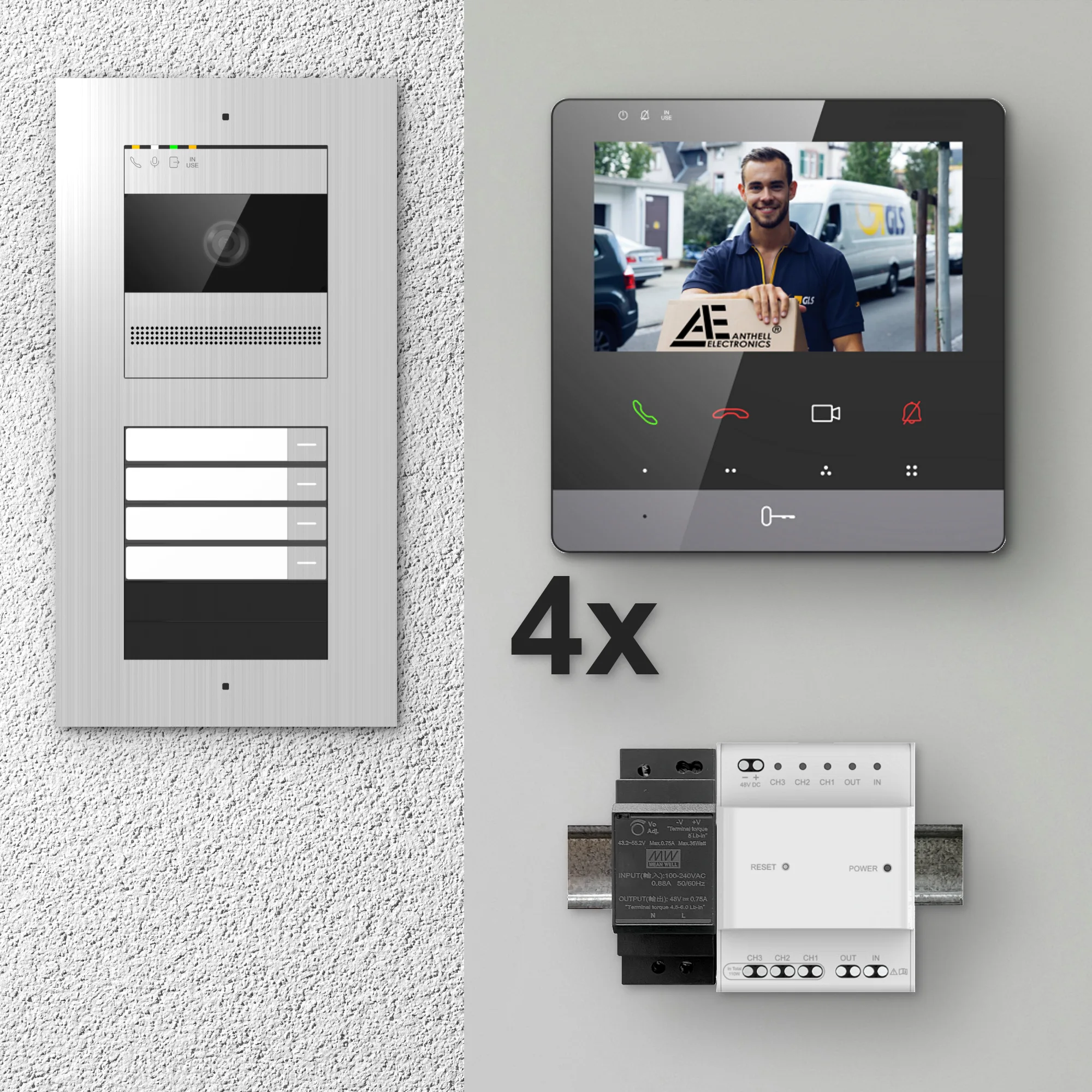 2W-4FVS-4MB-4 / 4-Fam. Video Sprechanlage / Edelstahl / 2-Draht / 2MP Kamera / 4,3" Monitor / Schwarz